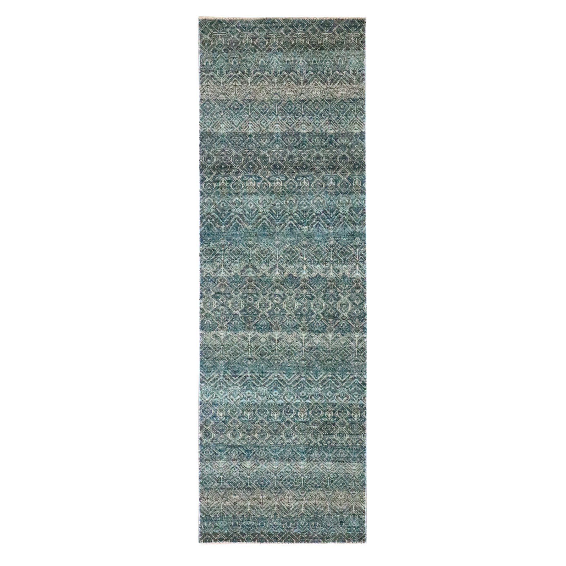 2'5"x7'7" Sapphire Blue, Kohinoor Herat Pattern, Small Geometric Repetitive Diamond Design, Soft Wool, Tone On Tone, Hand Knotted, Runner, Oriental Rug 
